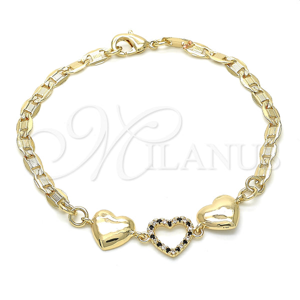 Pulsera Elegante 03.233.0023.08 Oro Laminado, Diseño de Corazón, con Negro and Blanca Cristal, Pulido, Tono Dorado (04 MM Thickness, 8 Inches Length)