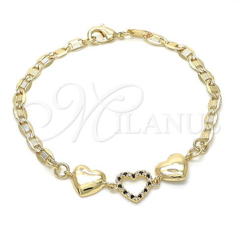 Pulsera Elegante 03.233.0023.08 Oro Laminado, Diseño de Corazón, con Negro and Blanca Cristal, Pulido, Tono Dorado (04 MM Thickness, 8 Inches Length)