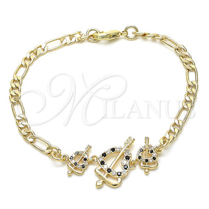 Pulsera Elegante 03.233.0033.08 Oro Laminado, Diseño de Corazón, con Negro and Blanca Zirconia Cubica, Pulido, Tono Dorado (04 MM Thickness, 8 Inches Length)