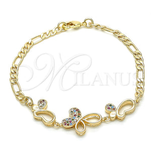 Pulsera Elegante 03.233.0039.08 Oro Laminado, Diseño de Mariposa, con Multicolor Zirconia Cubica, Pulido, Tono Dorado (04 MM Thickness, 8 Inches Length)