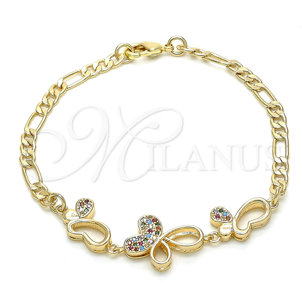 Pulsera Elegante 03.233.0039.08 Oro Laminado, Diseño de Mariposa, con Multicolor Zirconia Cubica, Pulido, Tono Dorado (04 MM Thickness, 8 Inches Length)