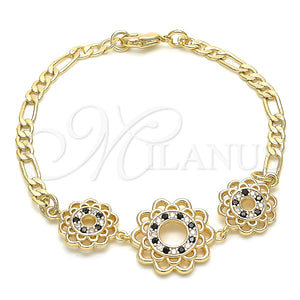 Pulsera Elegante 03.233.0046.08 Oro Laminado, Diseño de Flor, con Negro and Blanca Zirconia Cubica, Pulido, Tono Dorado (04 MM Thickness, 8 Inches Length)