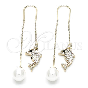 Arete Largo 02.210.0333 Oro Laminado, Diseño de Delfín, con Blanca and Blanca Zirconia Cubica, Pulido, Tono Dorado