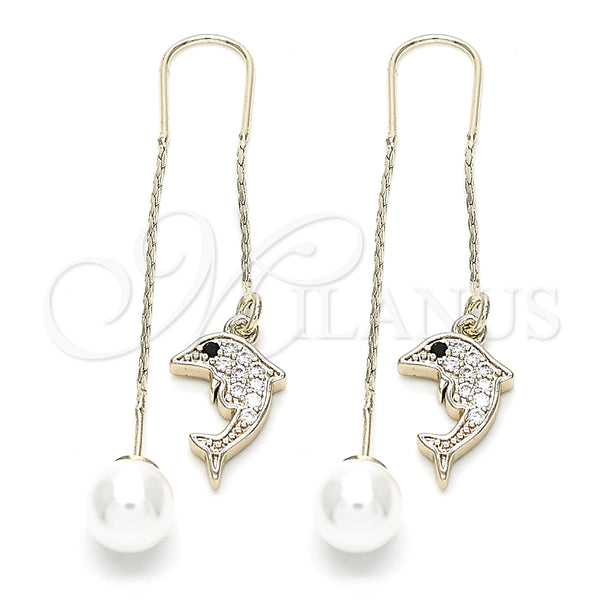 Arete Largo 02.210.0333 Oro Laminado, Diseño de Delfín, con Blanca and Blanca Zirconia Cubica, Pulido, Tono Dorado