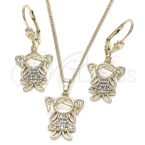 Juego de Arete y Dije de Adulto 10.210.0116 Oro Laminado, Diseño de Niñita Pequeña, con Blanca Zirconia Cubica, Pulido, Tono Dorado