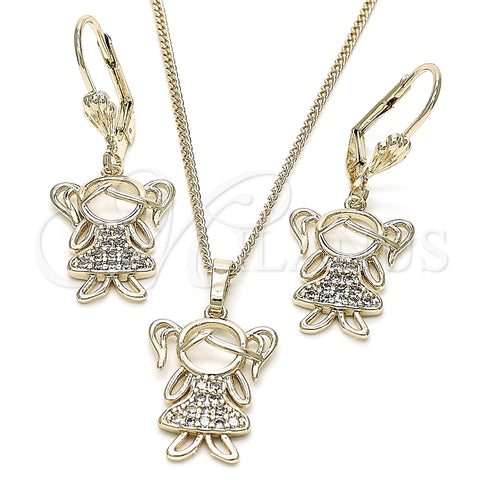 Juego de Arete y Dije de Adulto 10.210.0116 Oro Laminado, Diseño de Niñita Pequeña, con Blanca Zirconia Cubica, Pulido, Tono Dorado