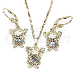 Juego de Arete y Dije de Adulto 10.210.0116.1 Oro Laminado, Diseño de Niñita Pequeña, con Multicolor Zirconia Cubica, Pulido, Tono Dorado
