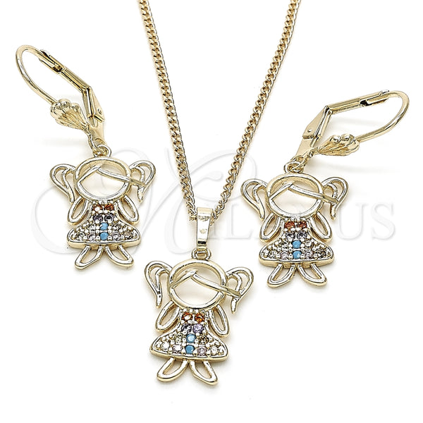 Juego de Arete y Dije de Adulto 10.210.0116.1 Oro Laminado, Diseño de Niñita Pequeña, con Multicolor Zirconia Cubica, Pulido, Tono Dorado