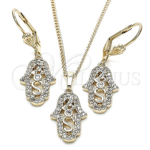 Juego de Arete y Dije de Adulto 10.210.0118 Oro Laminado, Diseño de Mano de Dios, con Blanca Zirconia Cubica, Pulido, Tono Dorado