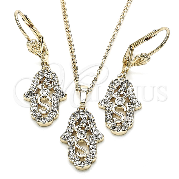 Juego de Arete y Dije de Adulto 10.210.0118 Oro Laminado, Diseño de Mano de Dios, con Blanca Zirconia Cubica, Pulido, Tono Dorado