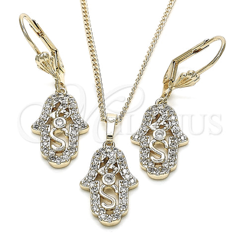 Juego de Arete y Dije de Adulto 10.210.0118 Oro Laminado, Diseño de Mano de Dios, con Blanca Zirconia Cubica, Pulido, Tono Dorado