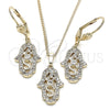 Juego de Arete y Dije de Adulto 10.210.0118 Oro Laminado, Diseño de Mano de Dios, con Blanca Zirconia Cubica, Pulido, Tono Dorado