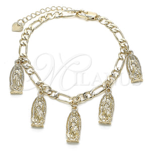Pulsera de Dije 03.351.0085.07 Oro Laminado, Diseño de Guadalupe, Pulido, Tono Dorado (05 MM Thickness, 7 Inches Length)