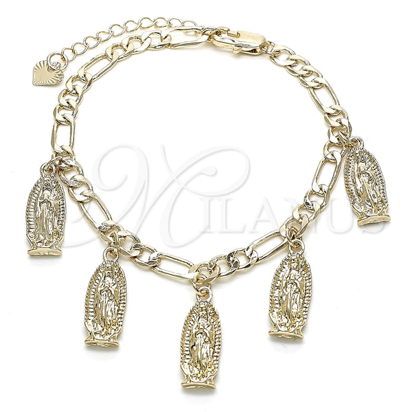 Pulsera de Dije 03.351.0085.07 Oro Laminado, Diseño de Guadalupe, Pulido, Tono Dorado (05 MM Thickness, 7 Inches Length)
