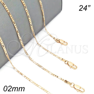 Gargantilla Basica 04.213.0171.24 Oro Laminado, Diseño de Figaro, Pulido, Tono Dorado (02 MM Thickness, 24 Inches Length)