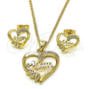 Juego de Arete y Dije de Adulto 10.342.0029 Oro Laminado, Diseño de Mama y Corazón, con Micro Pave Blanca, Pulido, Tono Dorado