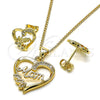 Juego de Arete y Dije de Adulto 10.342.0029 Oro Laminado, Diseño de Mama y Corazón, con Micro Pave Blanca, Pulido, Tono Dorado