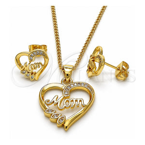 Juego de Arete y Dije de Adulto 10.342.0029 Oro Laminado, Diseño de Mama y Corazón, con Micro Pave Blanca, Pulido, Tono Dorado