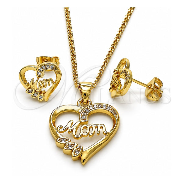 Juego de Arete y Dije de Adulto 10.342.0029 Oro Laminado, Diseño de Mama y Corazón, con Micro Pave Blanca, Pulido, Tono Dorado
