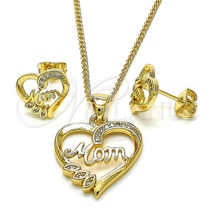 Juego de Arete y Dije de Adulto 10.342.0029 Oro Laminado, Diseño de Mama y Corazón, con Micro Pave Blanca, Pulido, Tono Dorado