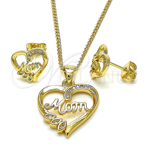 Juego de Arete y Dije de Adulto 10.342.0029 Oro Laminado, Diseño de Mama y Corazón, con Micro Pave Blanca, Pulido, Tono Dorado