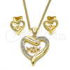 Juego de Arete y Dije de Adulto 10.342.0030 Oro Laminado, Diseño de Mama y Corazón, con Blanca Micro Pave, Pulido, Tono Dorado