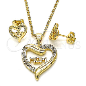Juego de Arete y Dije de Adulto 10.342.0030 Oro Laminado, Diseño de Mama y Corazón, con Blanca Micro Pave, Pulido, Tono Dorado