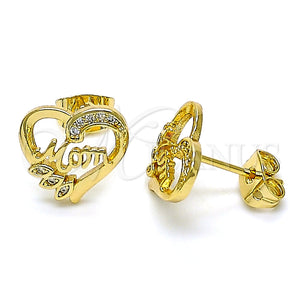 Arete Dormilona 02.342.0069 Oro Laminado, Diseño de Mama y Corazón, con Blanca Micro Pave, Pulido, Tono Dorado