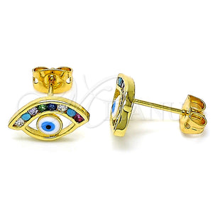 Arete Dormilona 02.341.0031 Oro Laminado, Diseño de Ojo Griego, con Multicolor Zirconia Cubica, Esmaltado Blanco, Tono Dorado