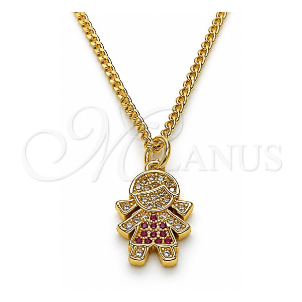 Collares con Dije 04.341.0022.20 Oro Laminado, Diseño de Niñita Pequeña, con Micro Pave Rubi y Blanca, Pulido, Tono Dorado (Calibre 0.50, Grosor 02 MM, 20 Pulgadas de Largo)