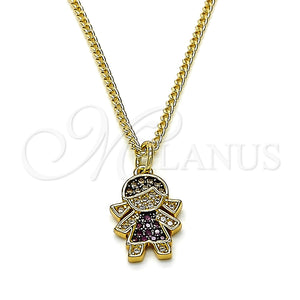 Collares con Dije 04.341.0022.2.20 Oro Laminado, Diseño de Niñita Pequeña, con Granate and Blanca Micro Pave, Esmaltado Negro, Tono Dorado (02 MM Thickness, 20 Inches Length)
