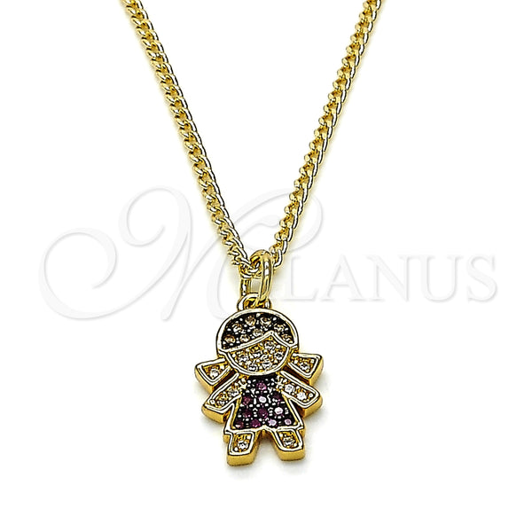 Collares con Dije 04.341.0022.2.20 Oro Laminado, Diseño de Niñita Pequeña, con Granate and Blanca Micro Pave, Esmaltado Negro, Tono Dorado (02 MM Thickness, 20 Inches Length)
