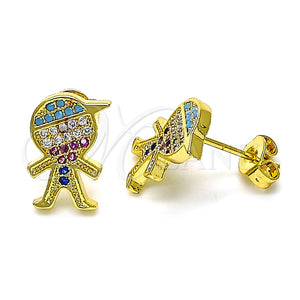 Arete Dormilona 02.341.0032 Oro Laminado, Diseño de Niñito Pequeño, con Multicolor Micro Pave, Pulido, Tono Dorado