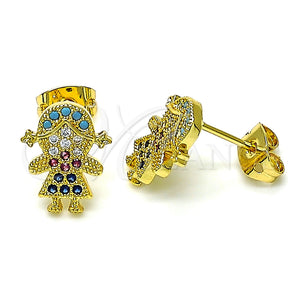 Arete Dormilona 02.341.0033 Oro Laminado, Diseño de Niñita Pequeña, con Multicolor Micro Pave, Pulido, Tono Dorado
