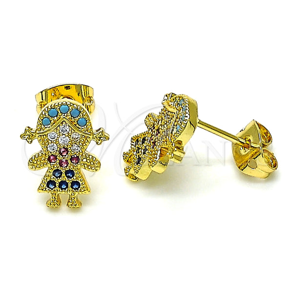 Arete Dormilona 02.341.0033 Oro Laminado, Diseño de Niñita Pequeña, con Multicolor Micro Pave, Pulido, Tono Dorado