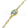 Pulsera Elegante 03.341.0029.08 Oro Laminado, Diseño de Ojo Griego y Paperclip, con Blanca Micro Pave, Esmaltado Azul, Tono Dorado (04 MM Thickness, 8 Inches Length)