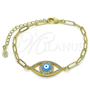 Pulsera Elegante 03.341.0029.08 Oro Laminado, Diseño de Ojo Griego y Paperclip, con Blanca Micro Pave, Esmaltado Azul, Tono Dorado (04 MM Thickness, 8 Inches Length)