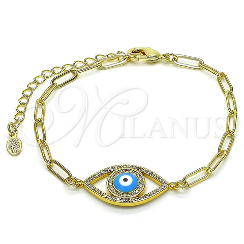 Pulsera Elegante 03.341.0029.08 Oro Laminado, Diseño de Ojo Griego y Paperclip, con Blanca Micro Pave, Esmaltado Azul, Tono Dorado (04 MM Thickness, 8 Inches Length)