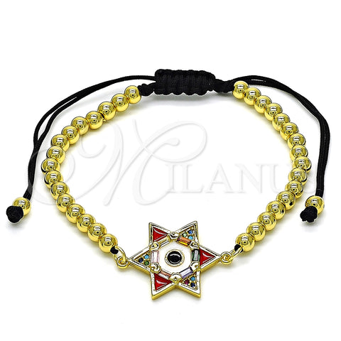 Pulsera Elegante 03.341.0032.11 Oro Laminado, Diseño de Estrella de Davi y Bola, con Multicolor Zirconia Cubica, Esmaltado Multicolor, Tono Dorado (04 MM Thickness, 11 Inches Length)