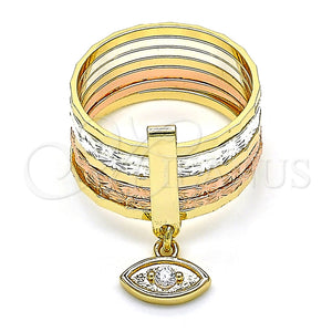 Anillo Multi Piedra 01.253.0033.06 Oro Laminado, Diseño de Semanario y Ojo Griego, con Blanca Zirconia Cubica, Diamantado, Tres Tonos (Size 6)