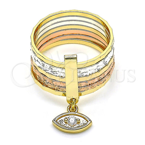 Anillo Multi Piedra 01.253.0033.07 Oro Laminado, Diseño de Semanario y Ojo Griego, con Blanca Zirconia Cubica, Diamantado, Tres Tonos (Size 7)