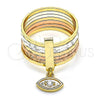 Anillo Multi Piedra 01.253.0033.07 Oro Laminado, Diseño de Semanario y Ojo Griego, con Blanca Zirconia Cubica, Diamantado, Tres Tonos (Size 7)
