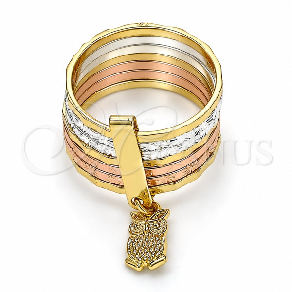 Anillo Elegante 01.253.0034.07 Oro Laminado, Diseño de Semanario y Búho, Diamantado, Tres Tonos (Size 7)