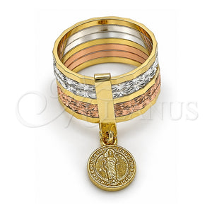 Anillo Elegante 01.253.0037.07 Oro Laminado, Diseño de Semanario y San Judas, Diamantado, Tres Tonos (Tamaño 7)