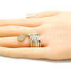 Anillo Elegante 01.253.0037.08 Oro Laminado, Diseño de Semanario y San Judas, Diamantado, Tres Tonos (Size 8)