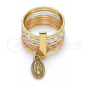 Anillo Elegante 01.253.0038.08 Oro Laminado, Diseño de Semanario y Guadalupe, Diamantado, Tres Tonos (Tamaño 8)