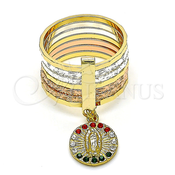 Anillo Multi Piedra 01.253.0039.06 Oro Laminado, Diseño de Semanario y Guadalupe, con Multicolor Cristal, Diamantado, Tres Tonos (Size 6)