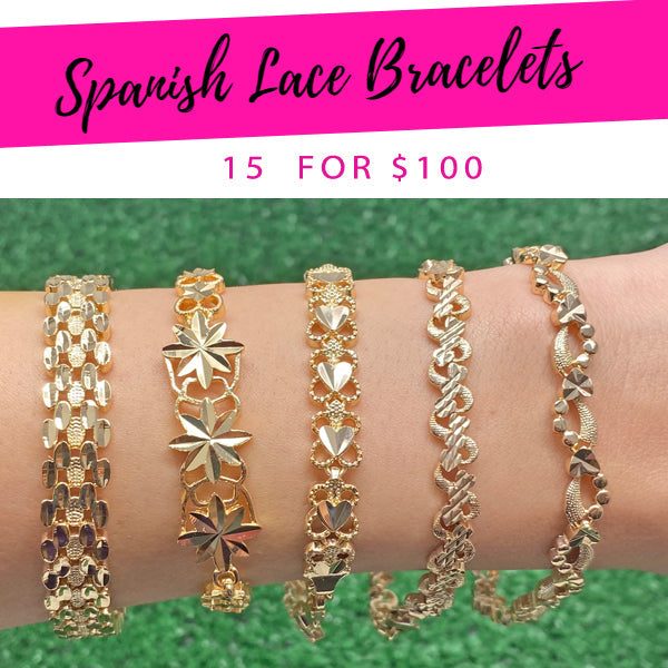 Kit Surtido de 15 Pulseras Tipo Encaje Español de Oro Laminado al por mayor — SKU 132297