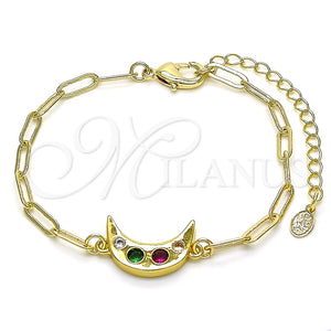 Pulsera Elegante 03.207.0104.07 Oro Laminado, Diseño de Luna y Paperclip, con Multicolor Zirconia Cubica, Pulido, Tono Dorado (03 MM Thickness, 7 Inches Length)