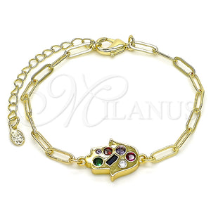 Pulsera Elegante 03.207.0105.07 Oro Laminado, Diseño de Mano de Dios y Paperclip, con Multicolor Zirconia Cubica, Pulido, Tono Dorado (03 MM Thickness, 7 Inches Length)